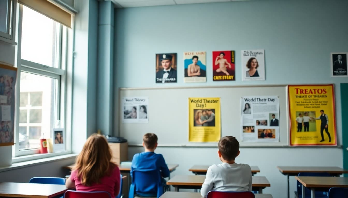 Drama classroom decorated for World Theater Day with student performance photos and theater history posters