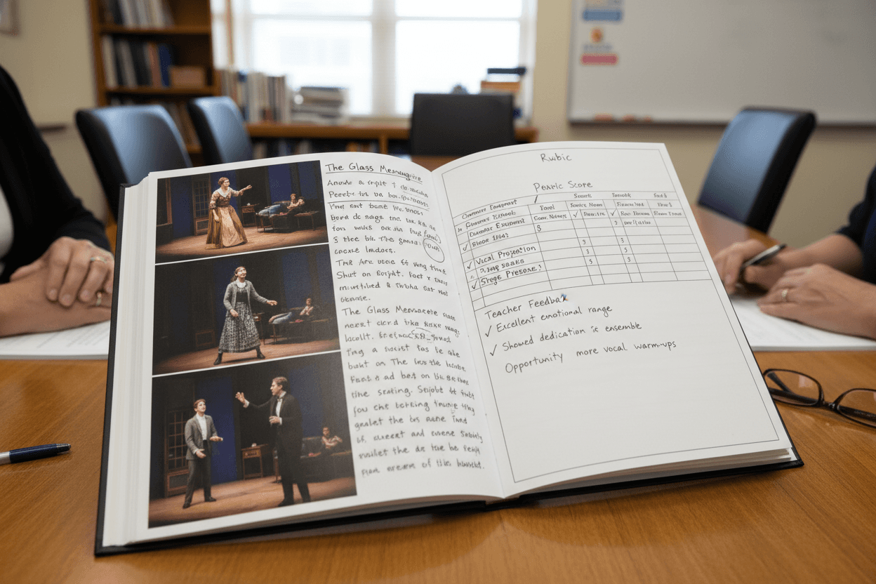 Student drama portfolio with performance photos, script analysis notes, and teacher rubric scores open during a parent conference