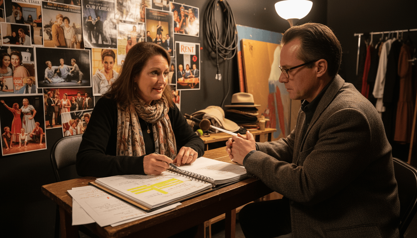 Drama teacher meeting with a parent backstage or in a theater classroom reviewing student portfolio of scripts and performance evaluations