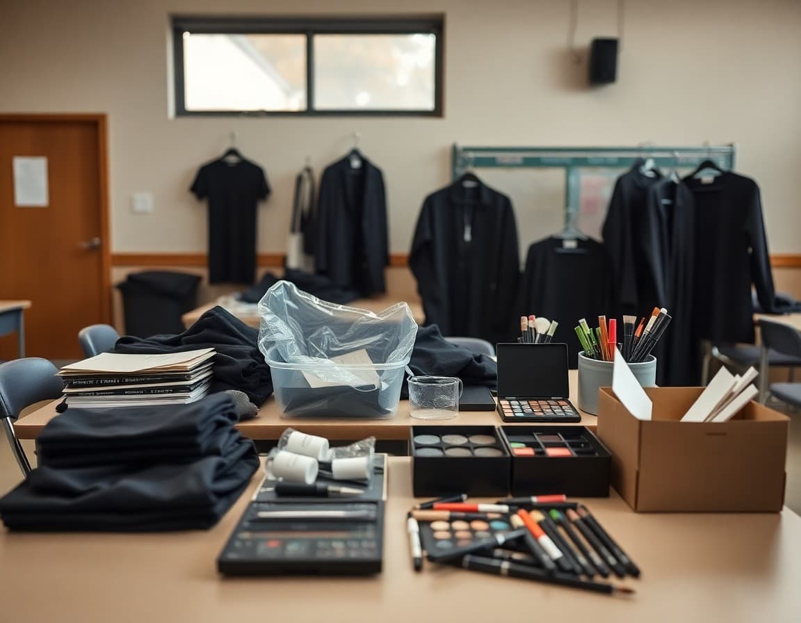 Theater supply table with black performance clothing, makeup, and production materials organized for a drama class