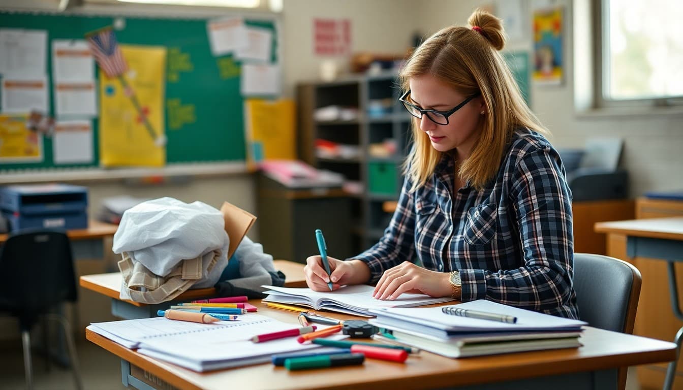 Drama teacher creating a supply list for parents with costume materials and production props on a school desk
