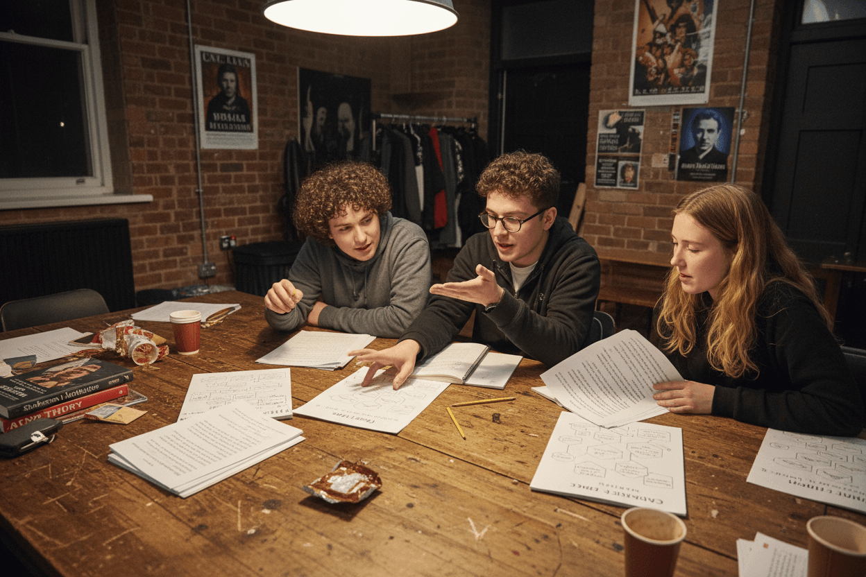 Students reviewing character analysis and monologue preparation materials before a drama performance assessment