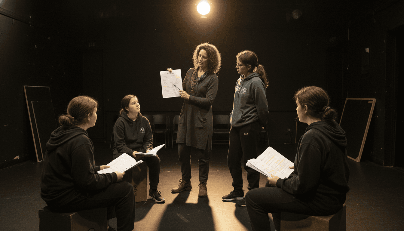 Drama teacher reviewing performance rubrics with students before a theatrical assessment in a black box theater setting