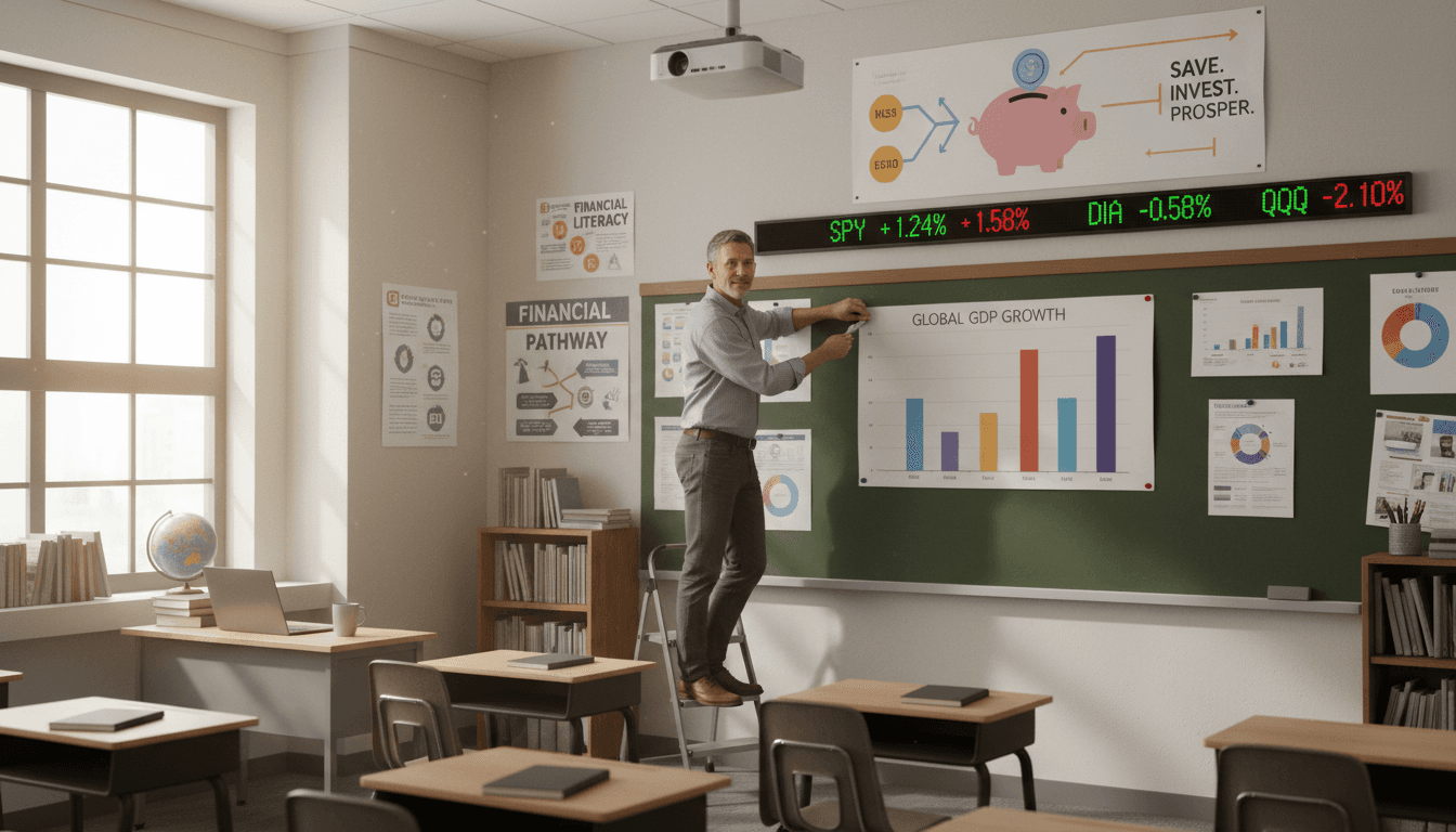 Economics teacher setting up a classroom with economic data charts and financial literacy materials ready for the new school year