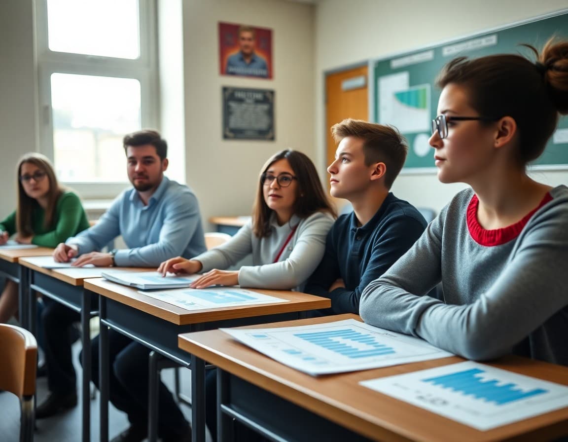 Students receiving first-day economics course overview with graphs and charts on their desks