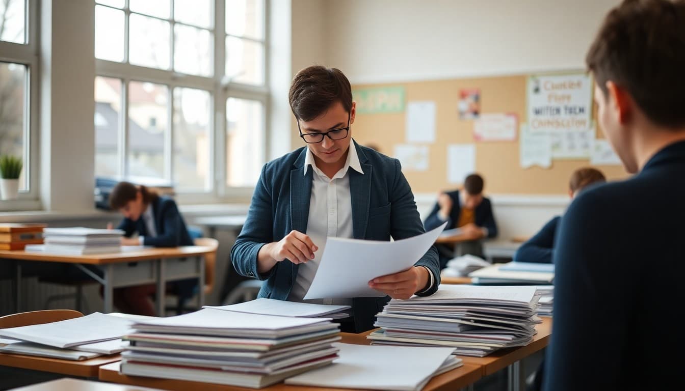 Economics teacher arranging classroom materials and syllabus copies for the first day of school
