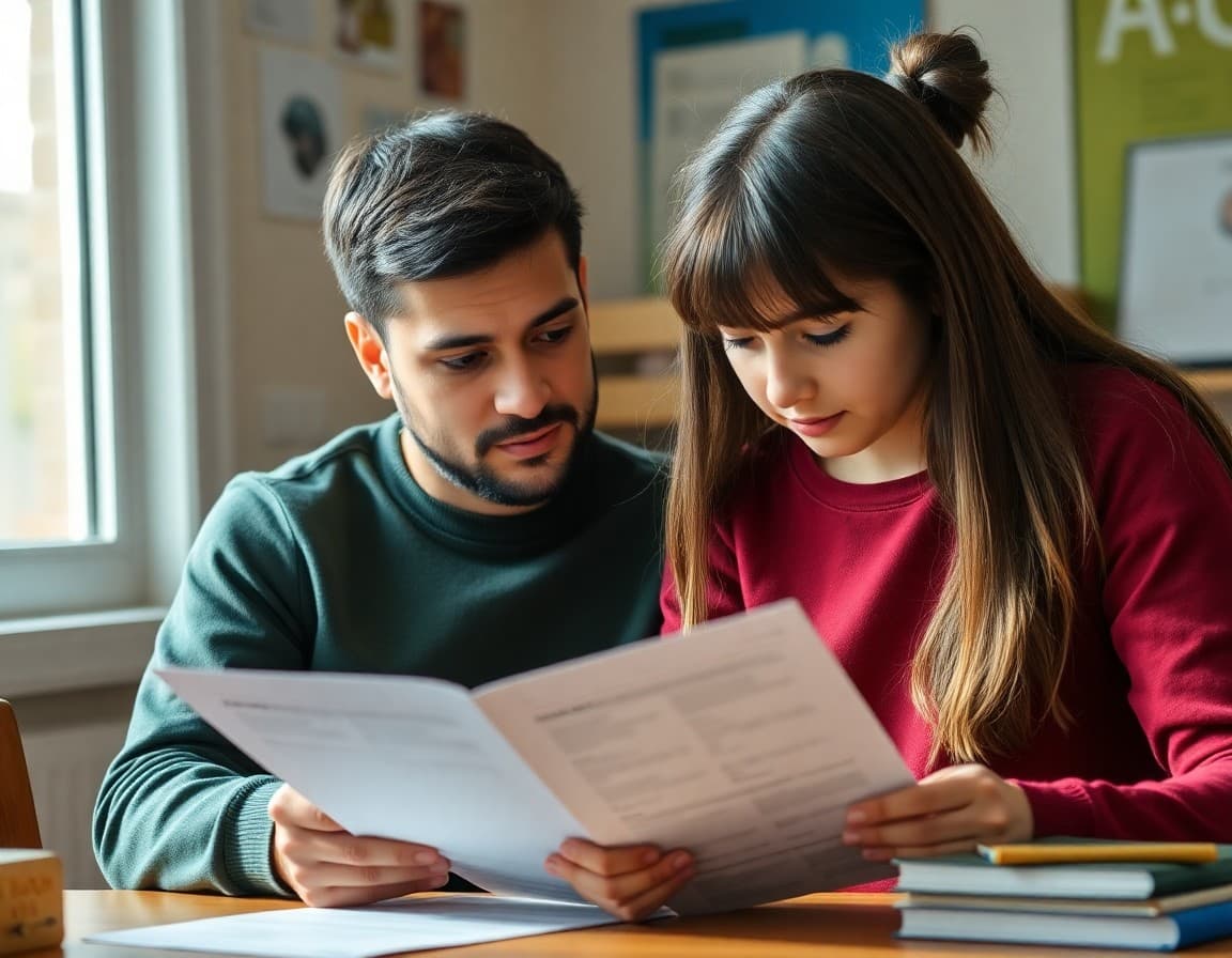 Parent reviewing updated economics curriculum guide at home with student