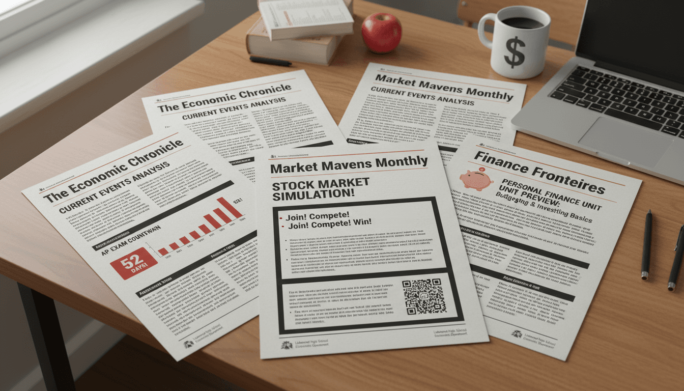 Several economics classroom newsletter examples featuring current event analysis, unit previews, and AP exam timeline updates for families