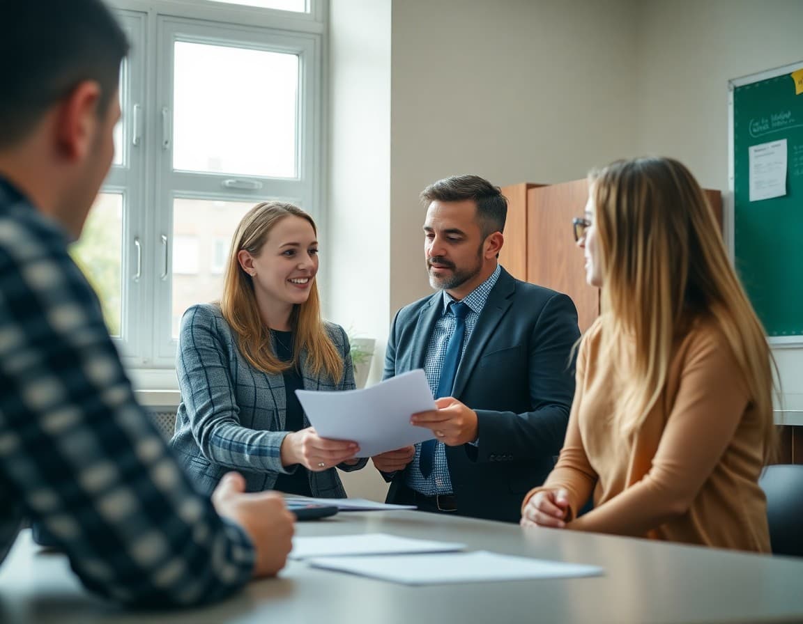 Economics teacher sponsor reviewing club meeting agenda with student officers after school