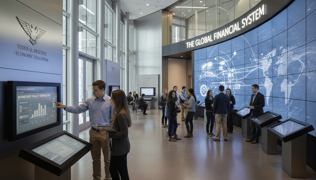 Students on an economics field trip to a Federal Reserve Bank or stock exchange, learning real-world economic concepts