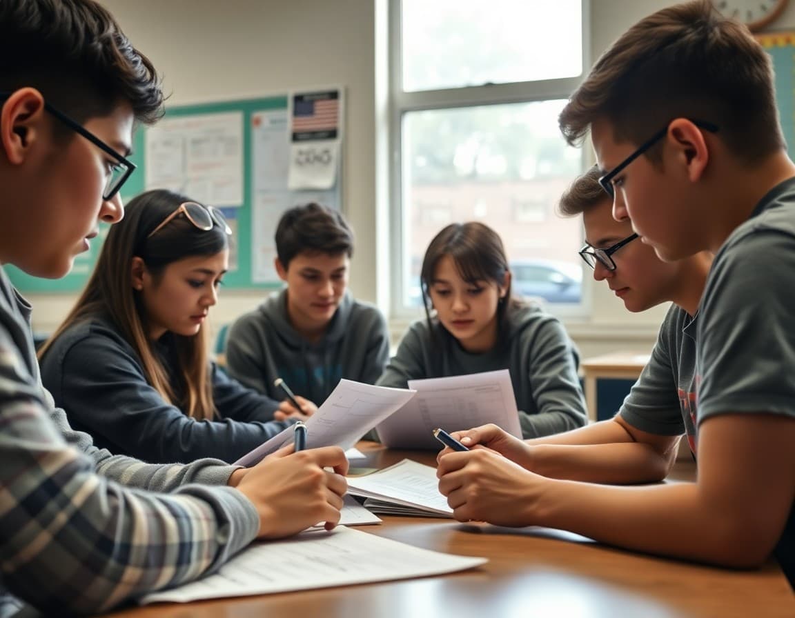 High school economics students working through a supply and demand worksheet in small groups