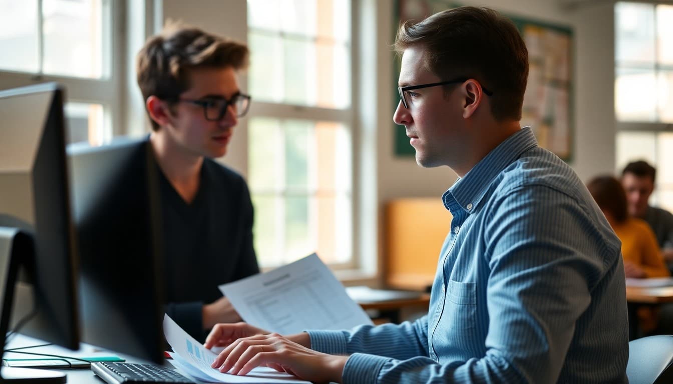 Economics teacher reviewing student grade spreadsheets on a computer to prepare parent report