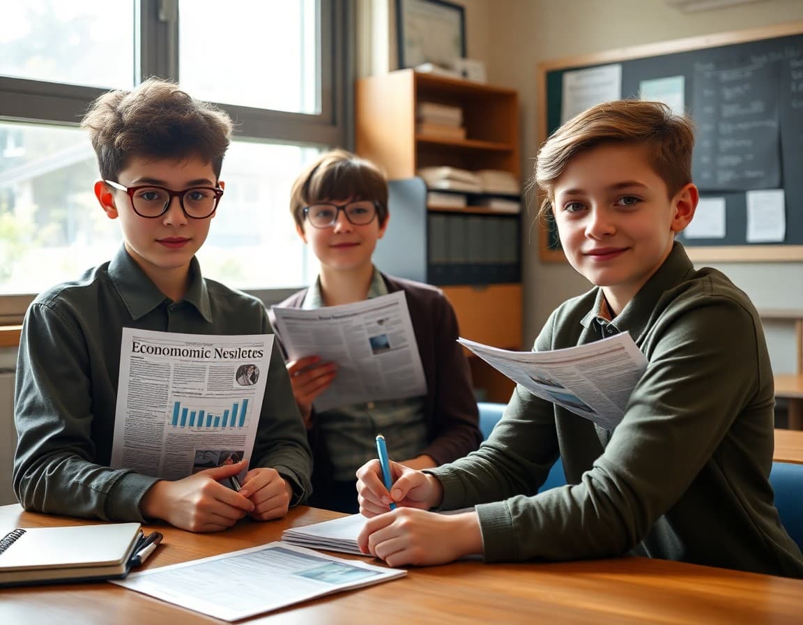 Economics newsletter drafts with unit topic ideas organized beside current news articles and charts