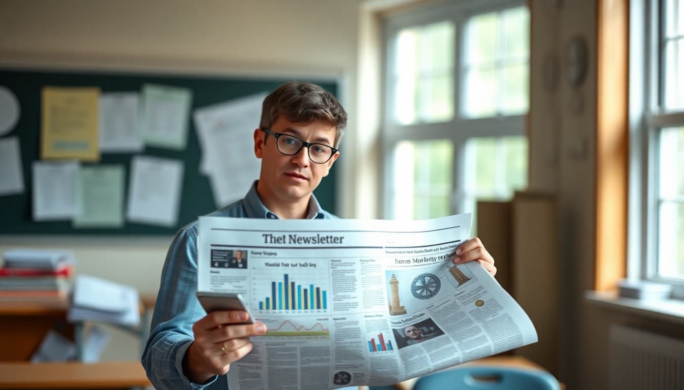 Economics teacher with newspaper, charts, and newsletter draft connecting class content to real world