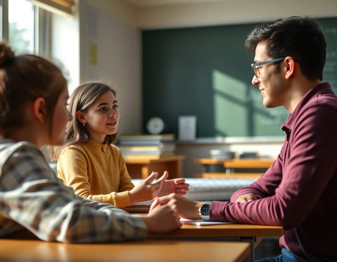 Economics teacher and students discussing real-world financial news during national awareness month
