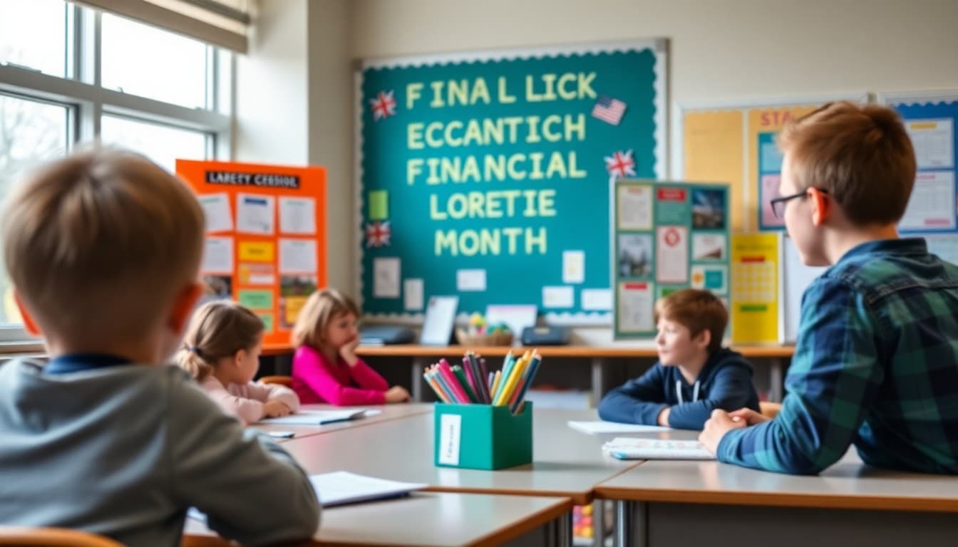 Colorful economics classroom display celebrating Financial Literacy Month with student projects