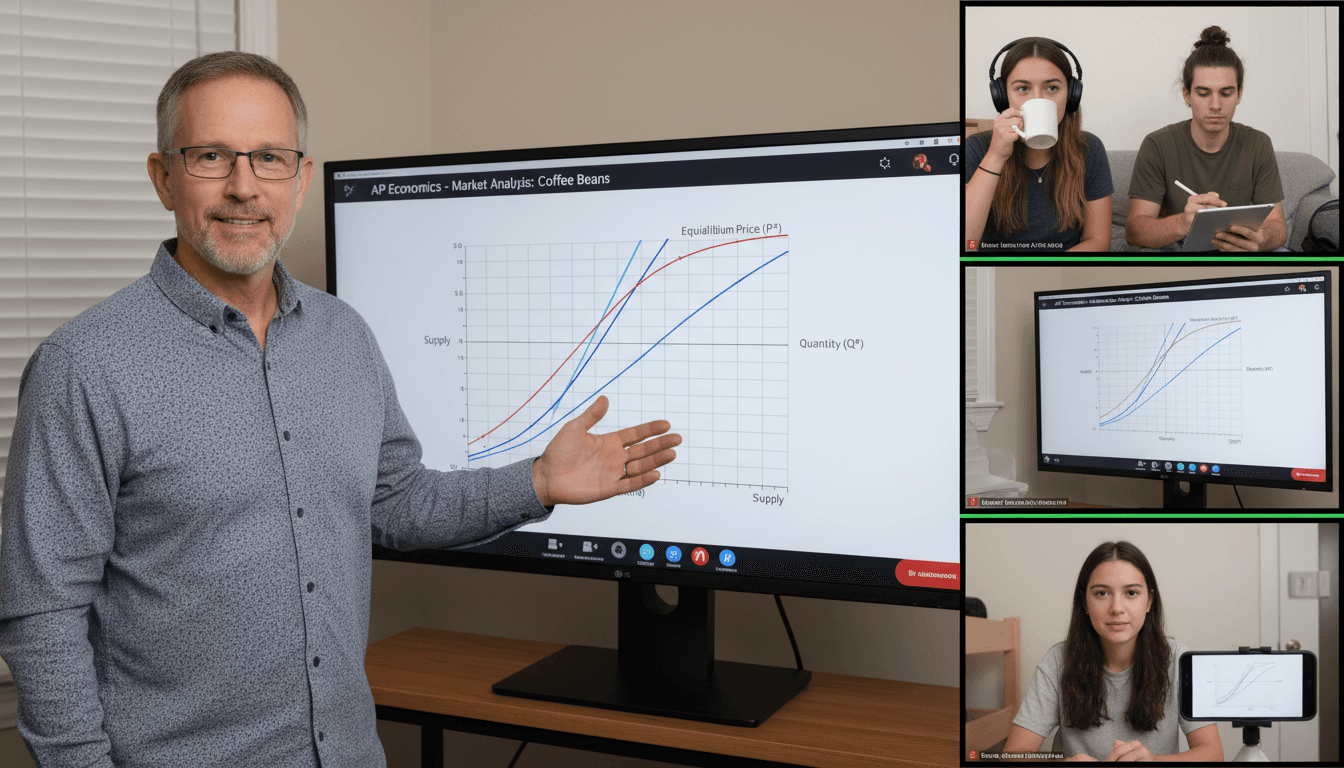 Economics teacher presenting market analysis data on a shared screen during a video call with students in a virtual economics class