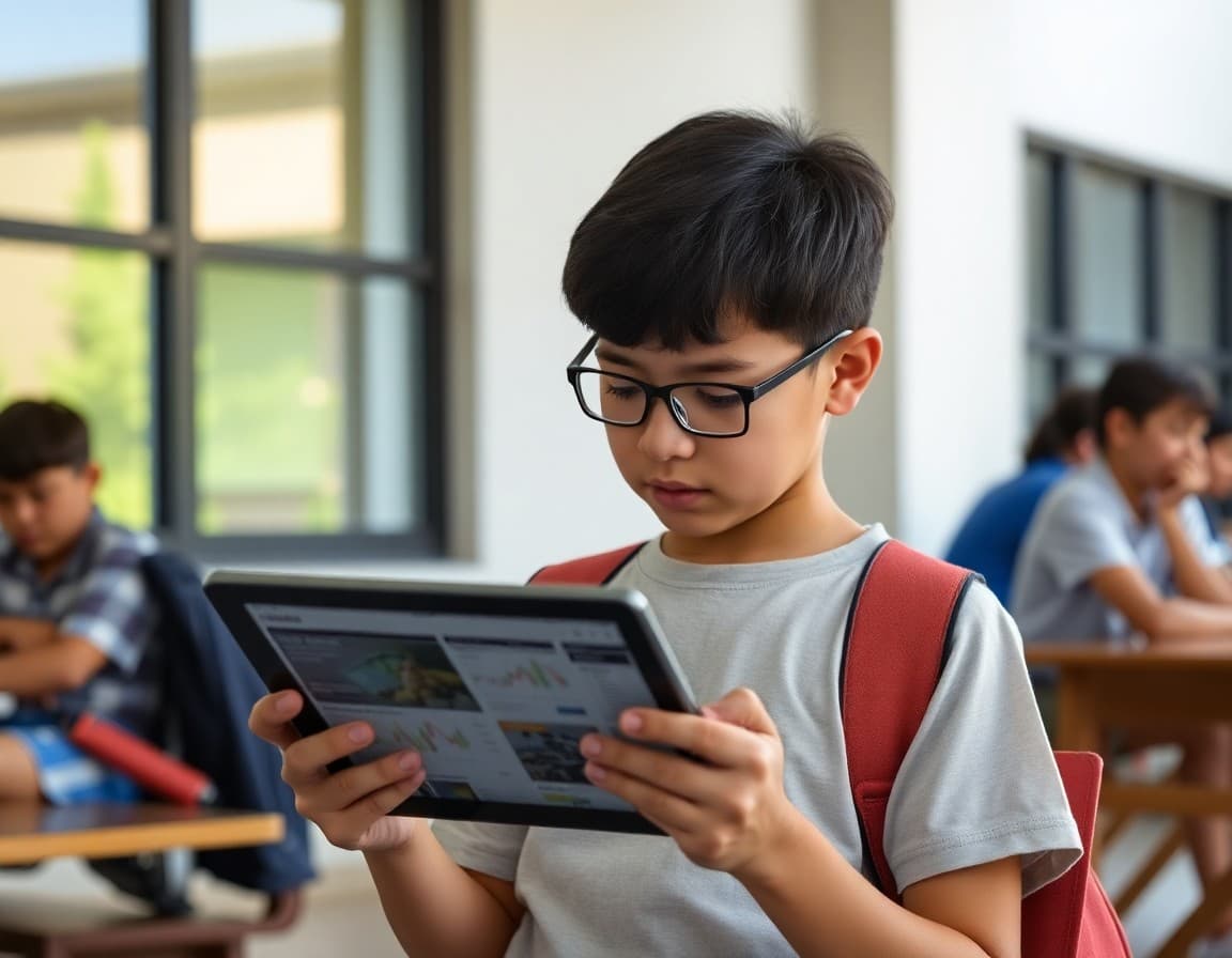 Student reading financial news on tablet outdoors as part of summer economics assignment