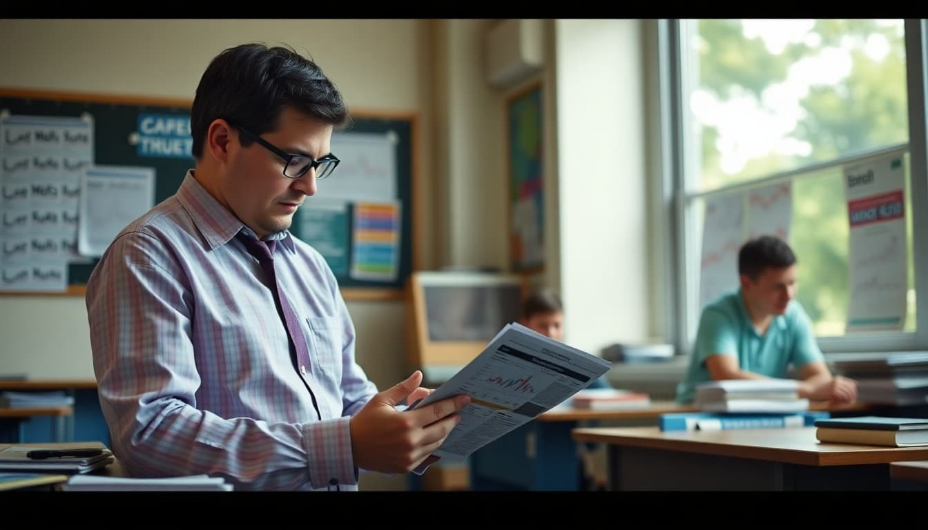 Economics teacher preparing summer assignment packets with newspaper clippings and market charts