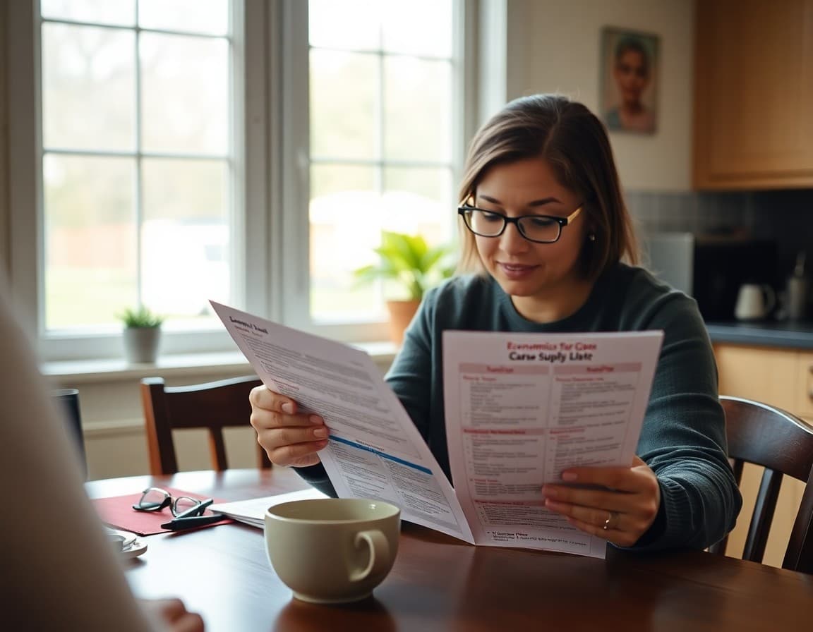 Parent reviewing economics class supply list on printed newsletter at kitchen table