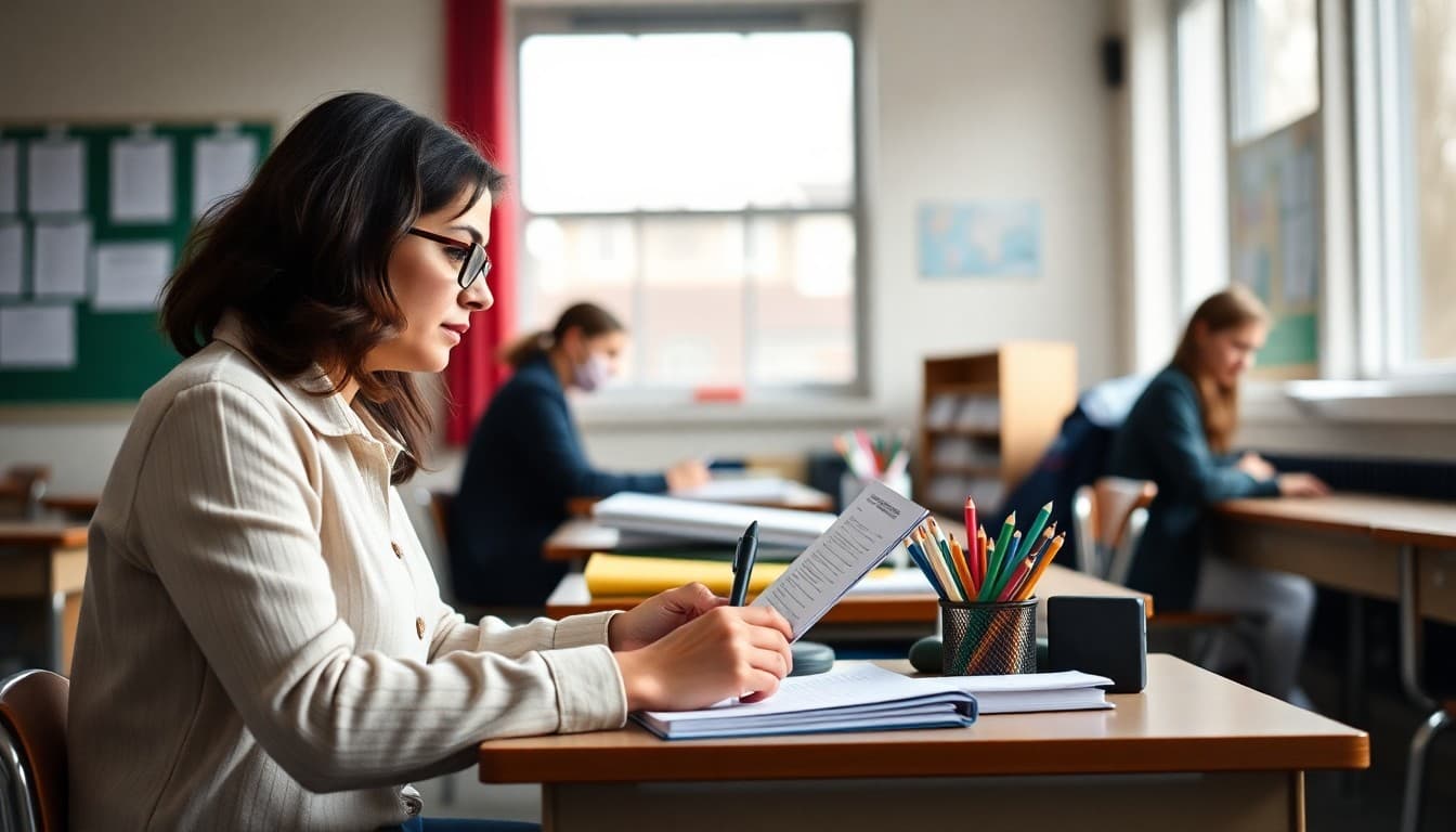 Economics teacher organizing classroom supply list at school desk before new semester begins