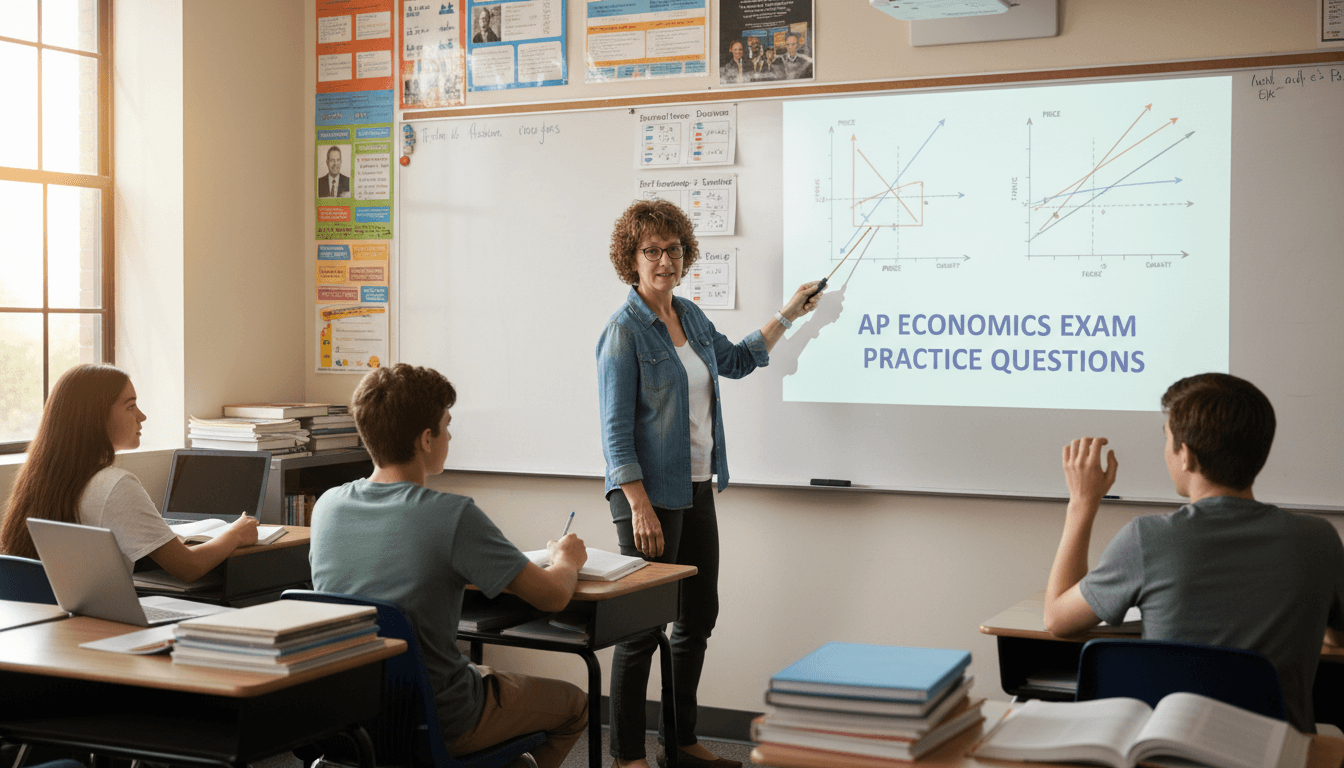 Economics teacher reviewing supply and demand concepts and AP exam practice questions with students before an assessment