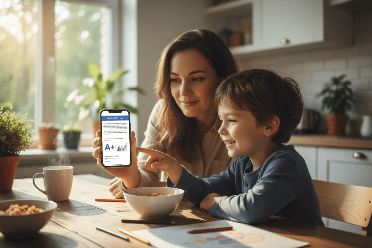 Parent reading ELA grade newsletter on phone at home