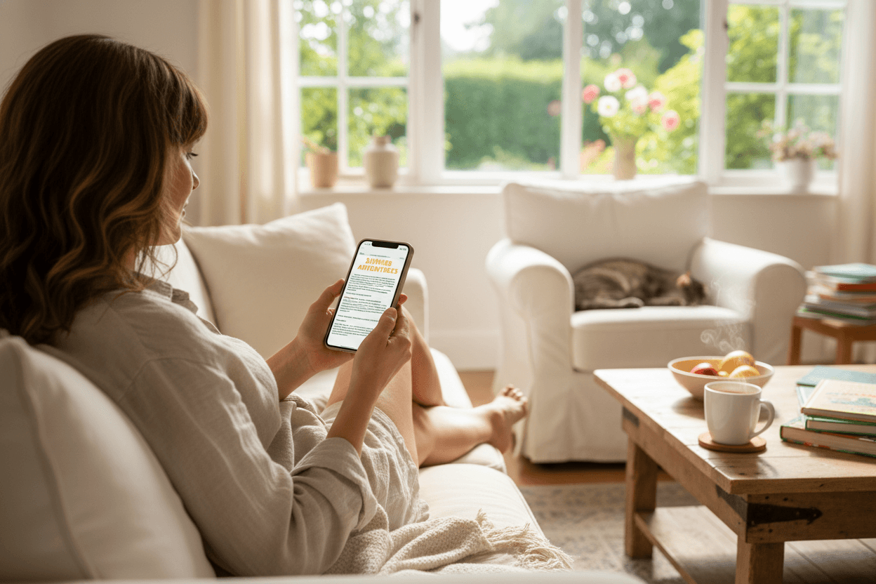 Parent reading ELA summer reading newsletter on phone at home