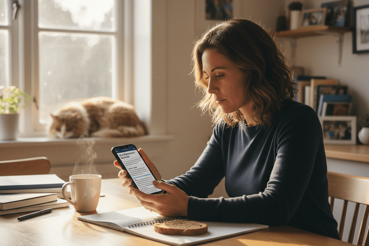 Parent reading ELA class newsletter on phone at home