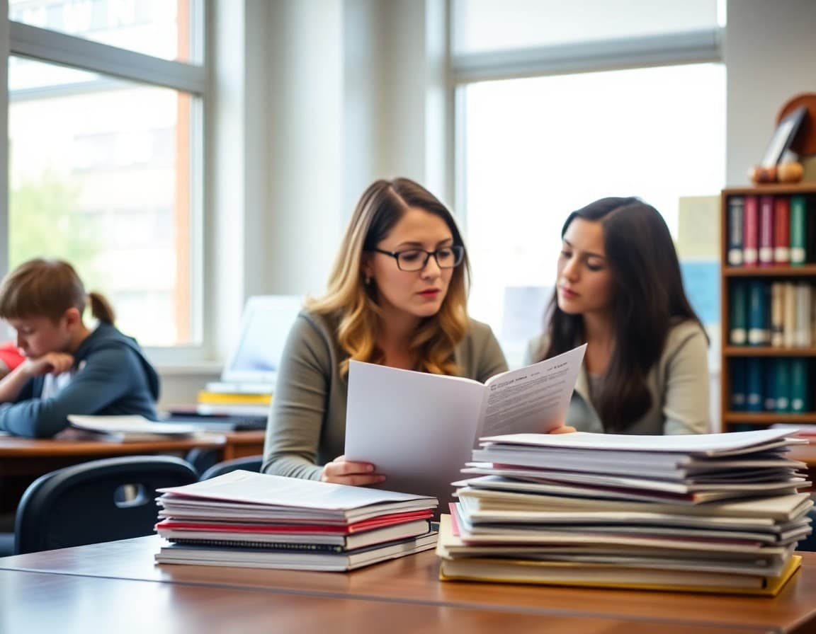 ELA teacher reviewing newsletter content ideas next to a stack of student writing drafts and reading logs