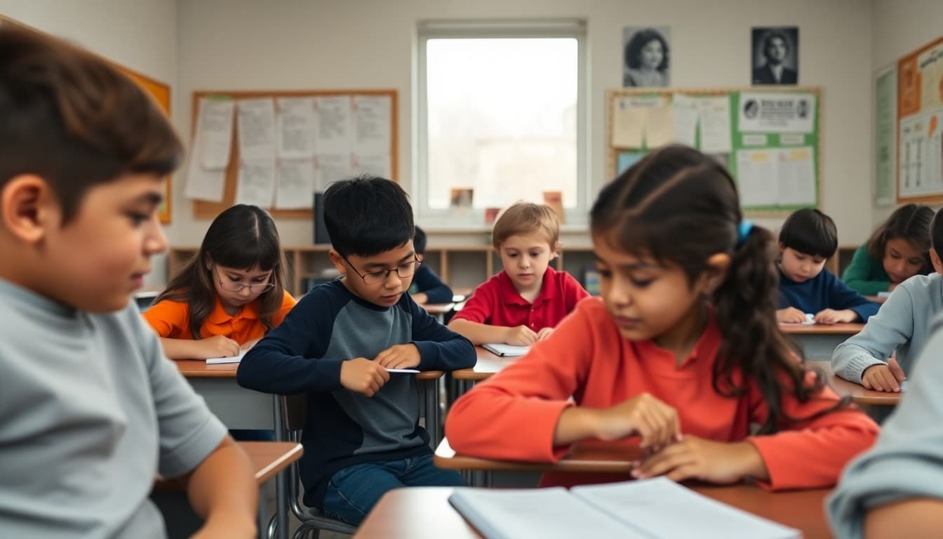 An ELA classroom with student writing displayed on walls and reading logs visible on student desks