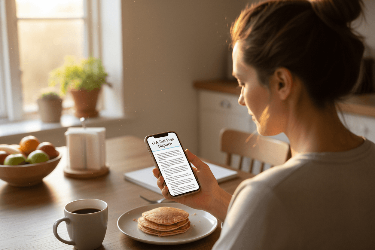 Parent reading ELA test prep newsletter on phone at home