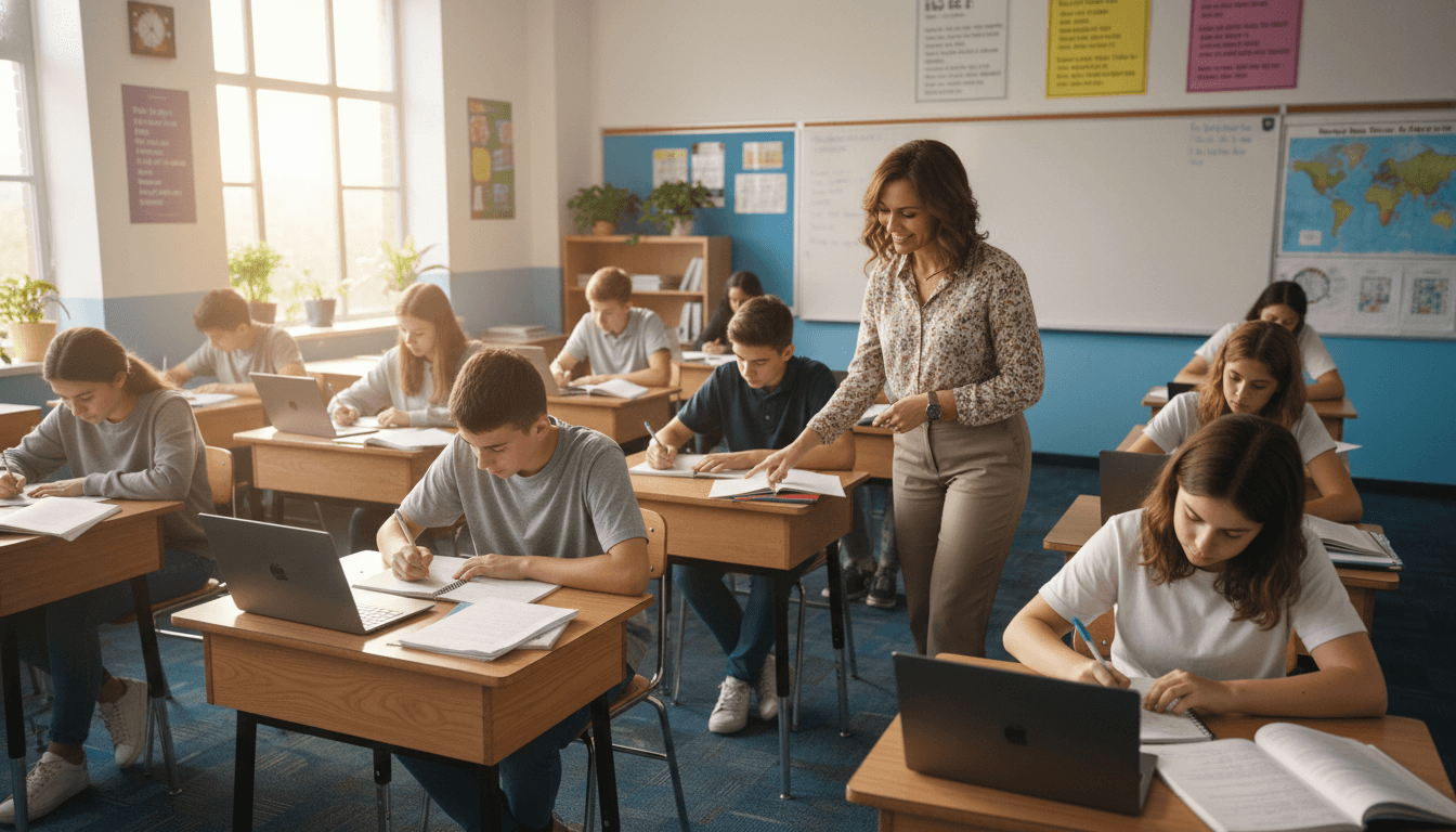 ELA teacher reviewing student writing drafts with class, classroom setting