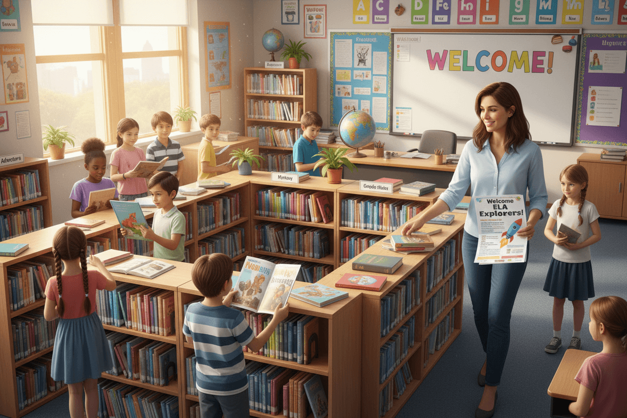 New ELA students browsing classroom library shelves on the first day while the teacher distributes a welcome newsletter