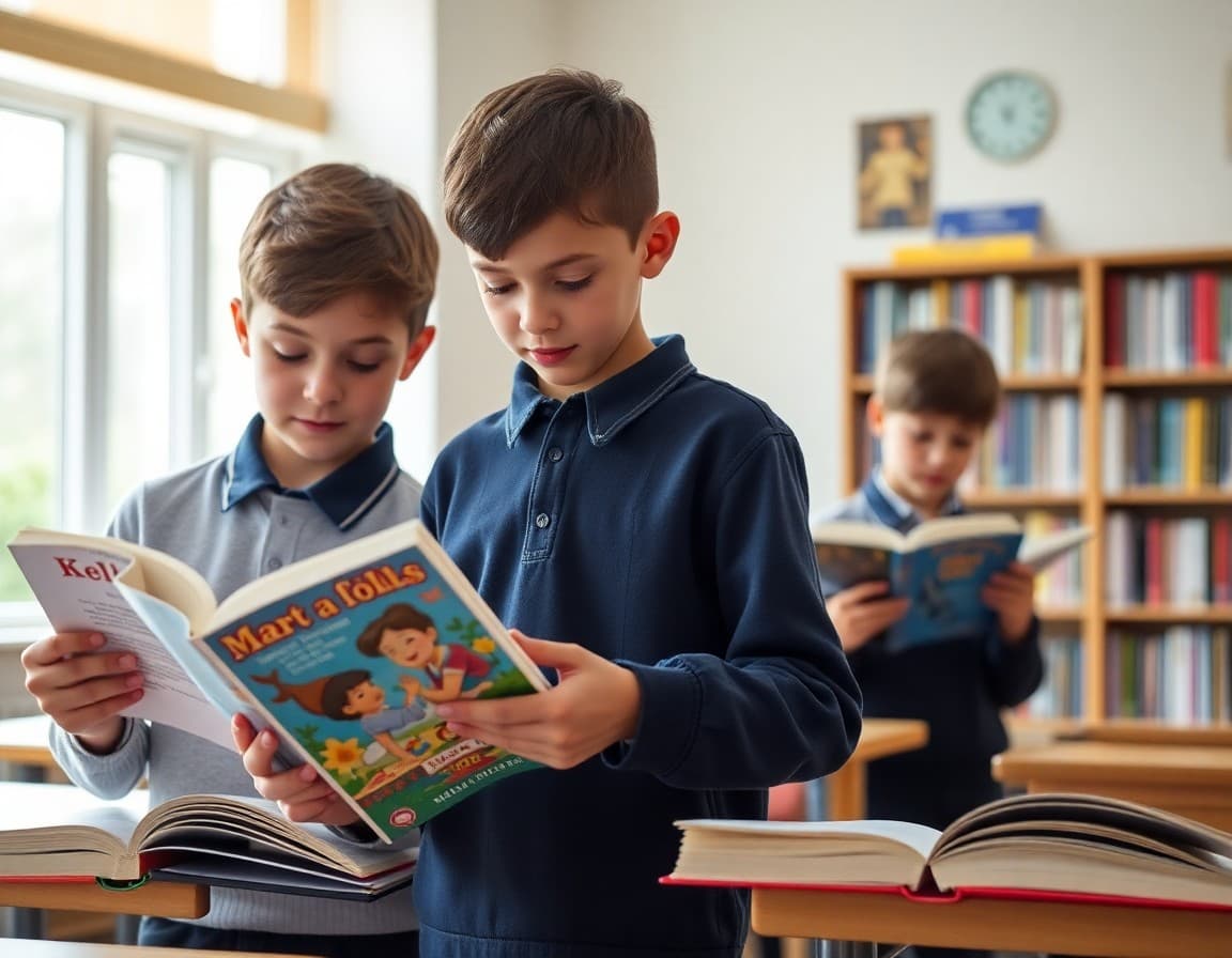Students browsing classroom library books on the first week of English language arts class