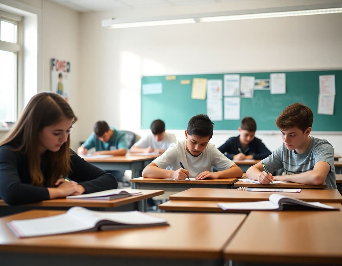 Students in an English classroom working independently on tiered writing assignments at their own pace