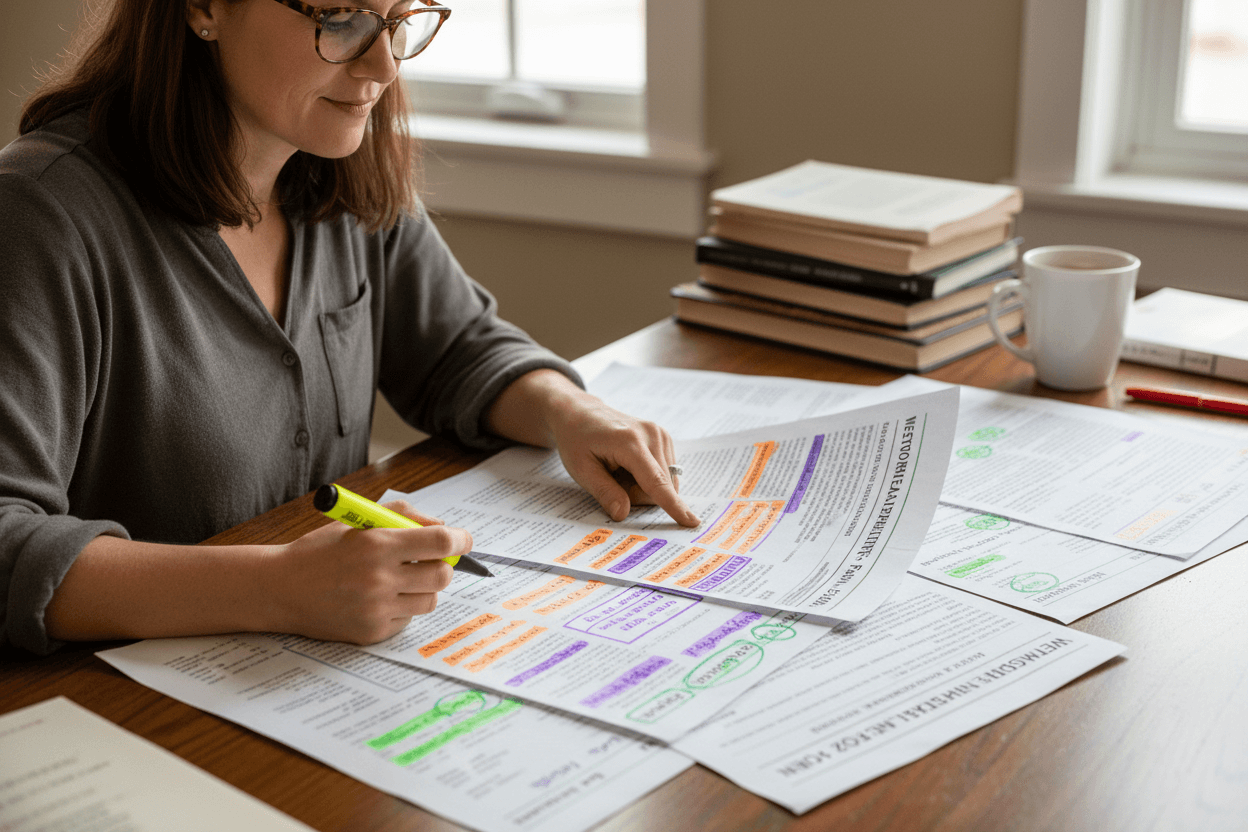 An English teacher reviewing printed newsletter samples with highlighted sections showing effective parent communication strategies