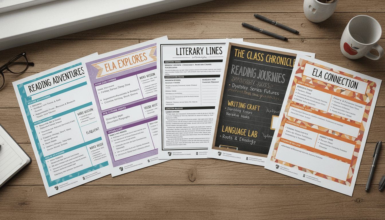 Multiple ELA classroom newsletter examples spread on a desk showing different layouts and content sections for parent communication