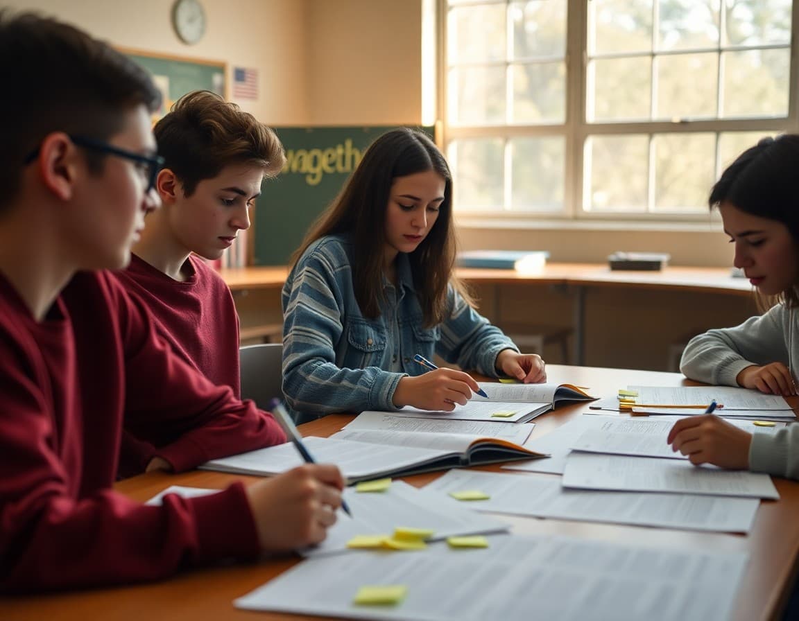 Students working on a literary magazine layout with printed drafts and sticky notes spread across a classroom table