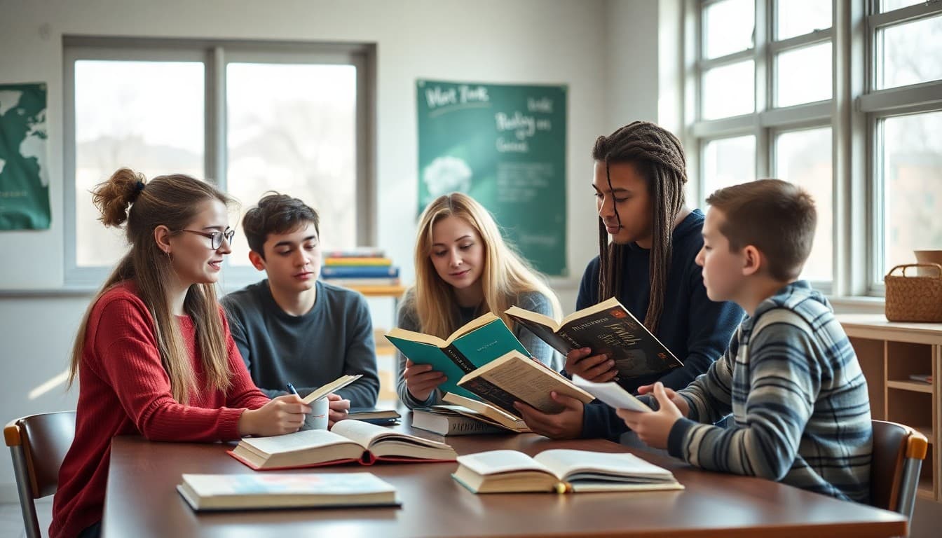 High school students gathered around a table with books discussing a literary text after school with their ELA teacher