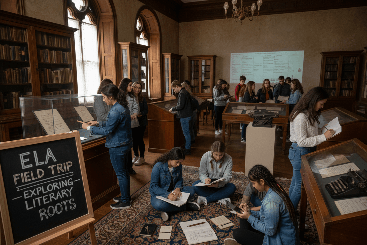 Students taking notes in a literary museum or library field trip, exploring exhibits about books and authors