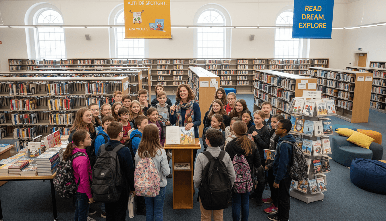 Students on a field trip to a public library or author event, excited group gathered around a speaker in a literary setting