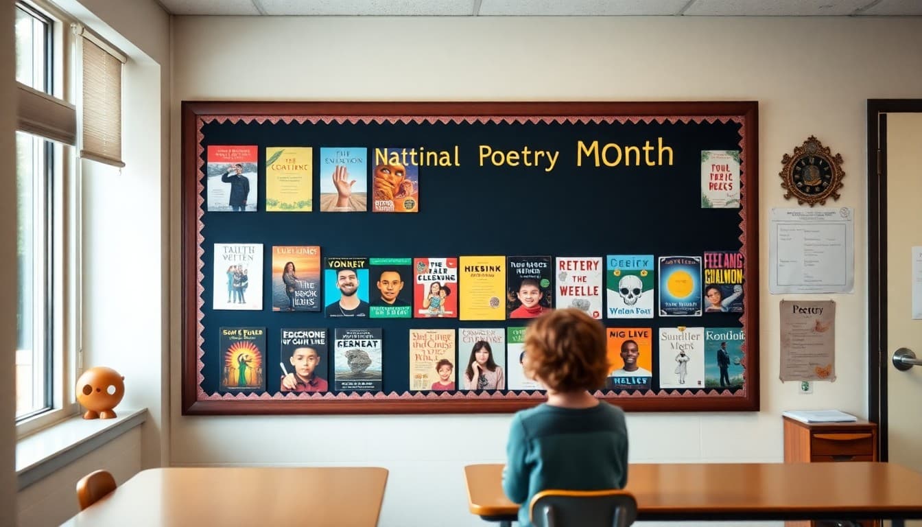 Classroom bulletin board decorated with student poetry and book covers for National Poetry Month celebration