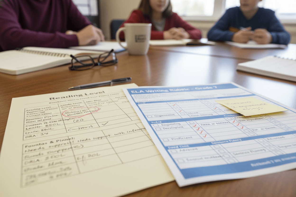 Close-up of a student reading level chart and writing assessment rubric on a conference table during an ELA parent meeting