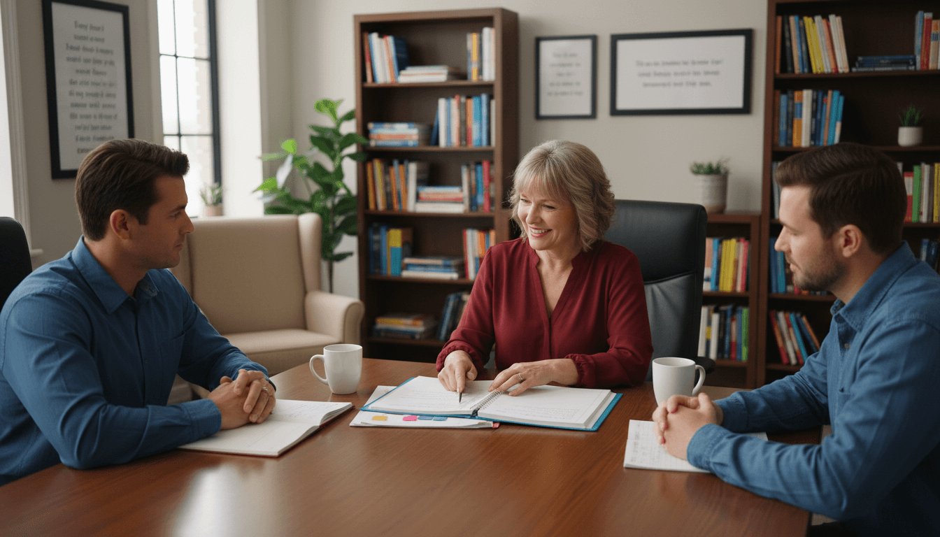 English Language Arts teacher sitting across from a parent at a conference table with student writing portfolio and reading log open between them