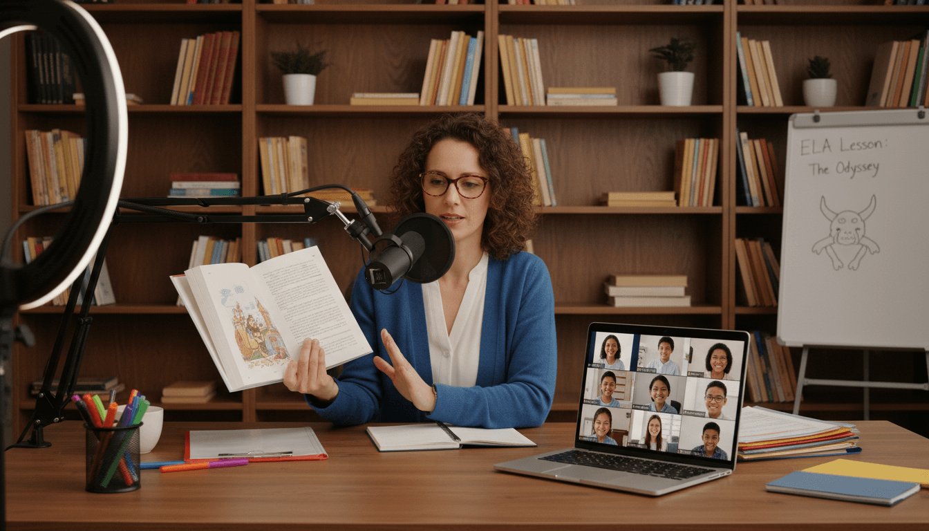 English teacher recording a read-aloud video lesson on a laptop, bookshelf and reading materials visible in the background