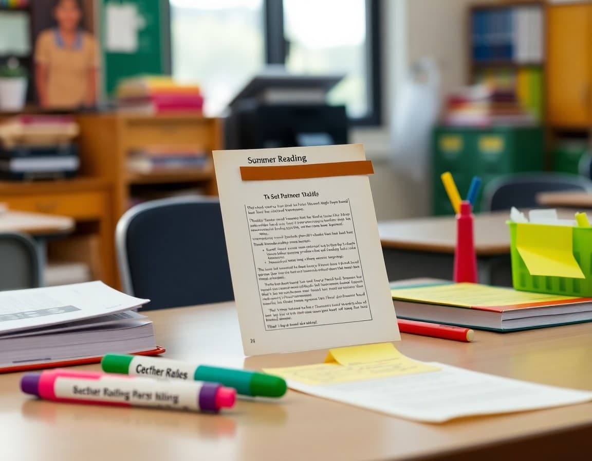 Teacher's desk with summer reading book list, highlighters, and sticky notes prepared for parent communication