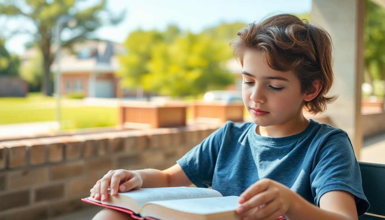 Student reading a novel outside on a sunny day with a notebook open for summer reading assignment