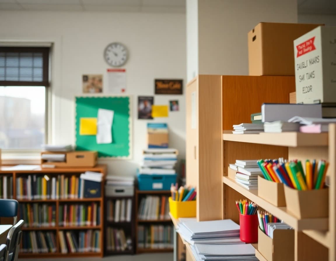 Organized ELA classroom library and writing supplies neatly arranged on classroom shelves
