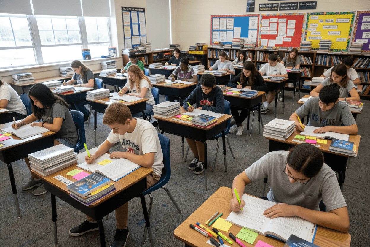 Students annotating reading passages at their desks during ELA test preparation, teacher circulating to assist